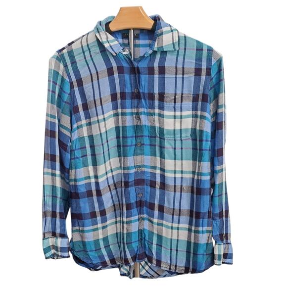 Talbots Blue Plaid Light Flannel Button Down Top Small P - Picture 1 of 8